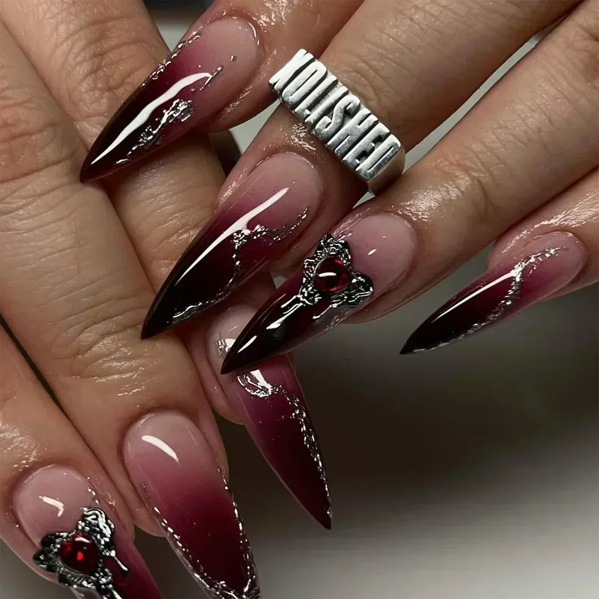 24Pc False Nails with Glue Almond Black Red Gradient Design Detachable Rhinestone Acrylic Fake Nail Long Stiletto Press on Nails