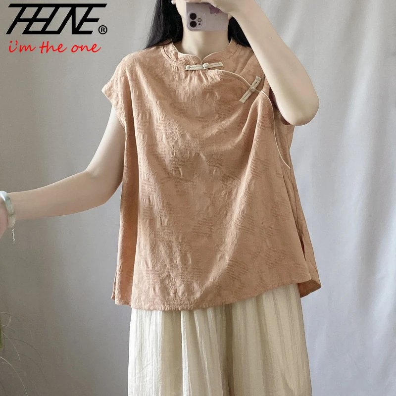 

THHONE Summer Fashion Shirt for Women Blouse Sleeveless Retro Casual Cotton Linen Vintage Korean Loose Contrasting Color Top