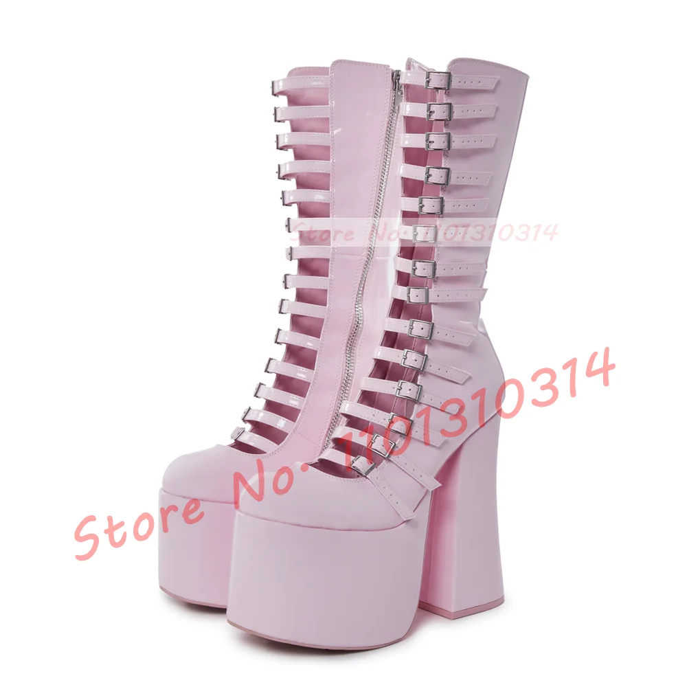 Pink Strappy Platform Mid Calf Boots Women Spring Patent Leather Round Toe Boots Ladies 14 Buckle Straps Chunky High Heel Shoes