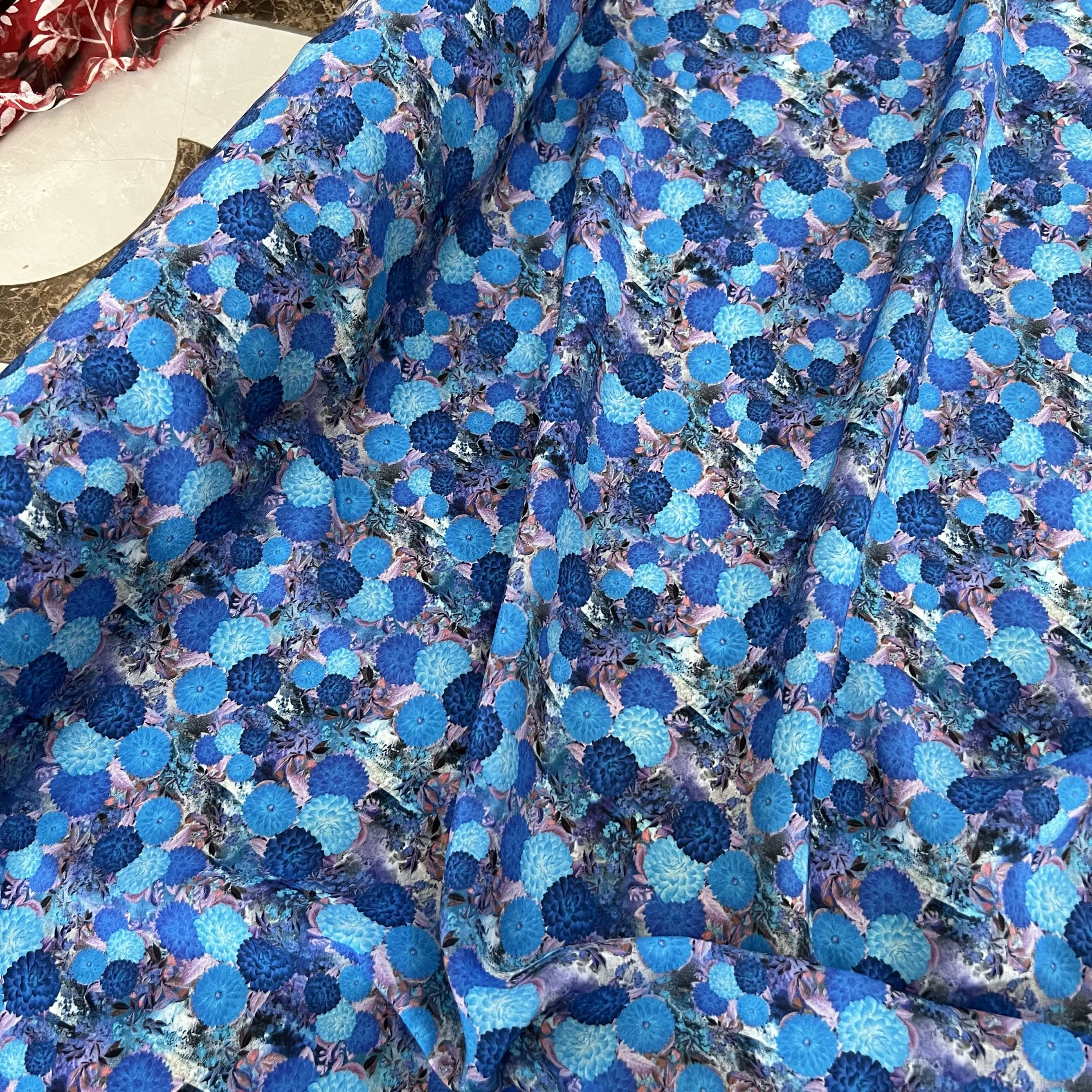 1 meter 100% Mulberry Silk 17 momme Crepe Silk Fabric Blue Floral Printed 138cm 54