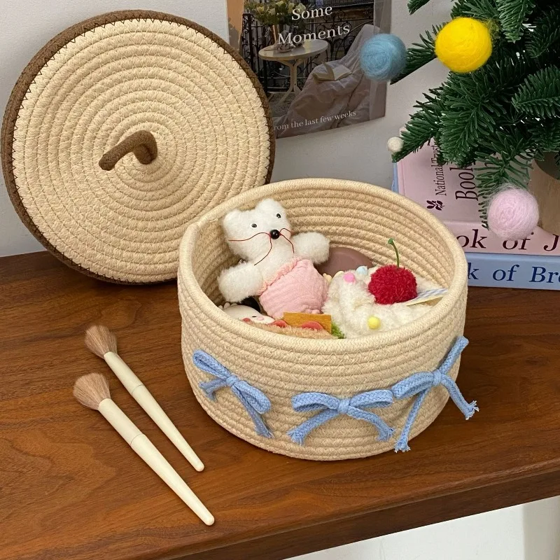 Cute cotton thread weaving storage basket home with lid miscellaneous storage basket desktop dust-proof ornament storage basket