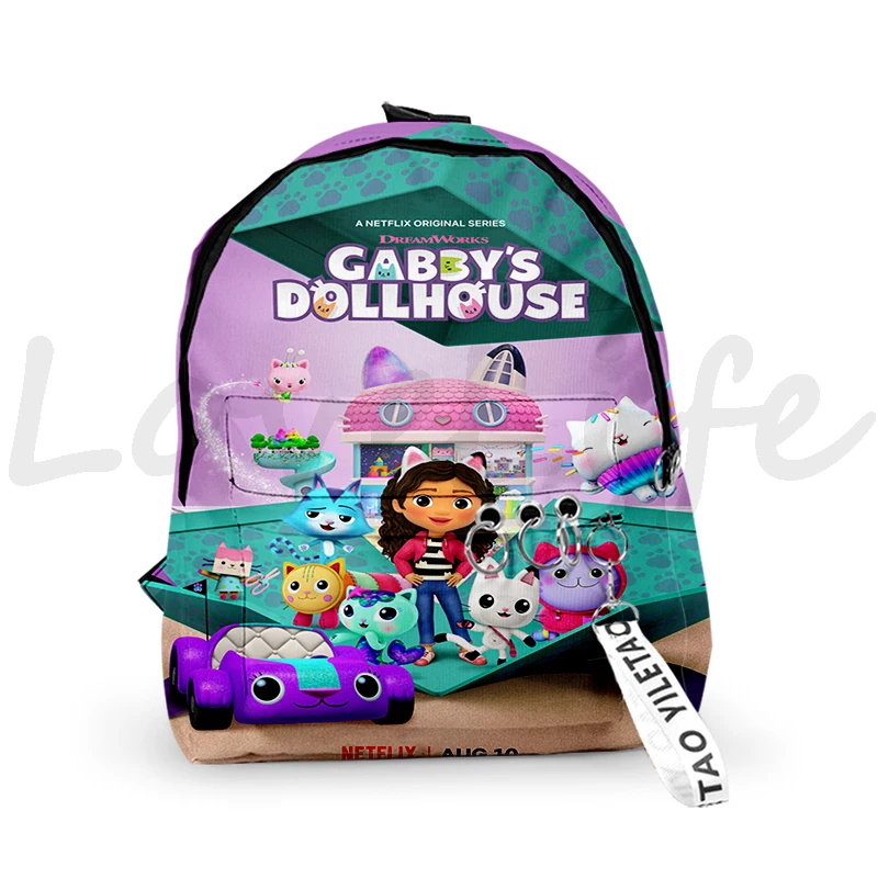 Popular Gabby\'s Dollhous Backpacks Boys/Girls pupil School Bags 3D Print Keychains Oxford Waterproof Cute Small Backpacks