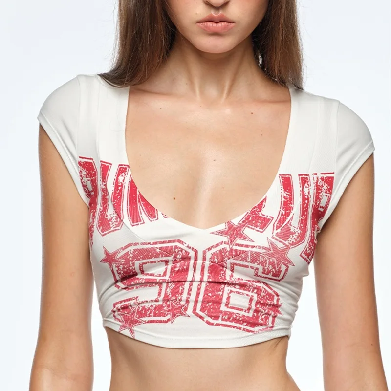 Y2K Vintage Varsity Letter Number Print V Neck Cap Sleeve Crop Top Retro Aesthetic Slim Fit Streetwear Top