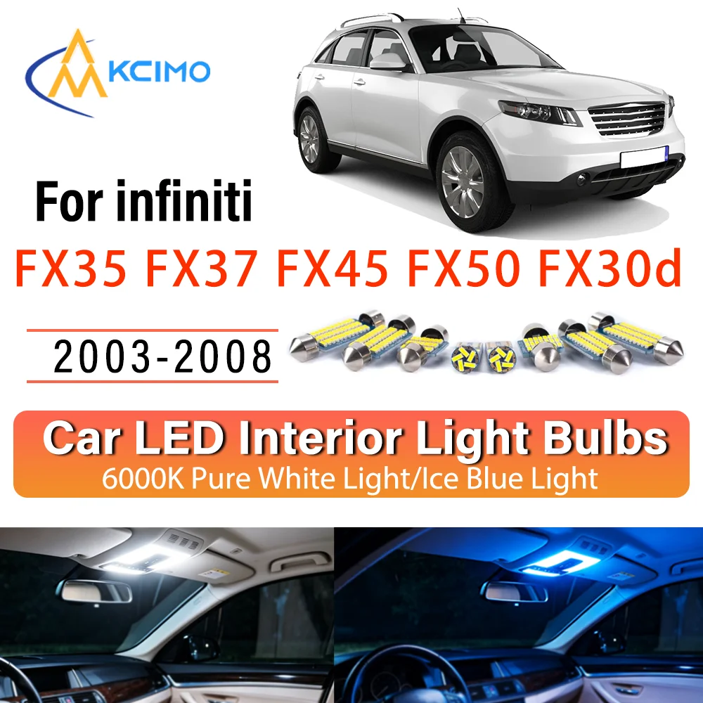 Juego de bombillas LED para interior de Infiniti FX35 2003-2008, fácil instalación, luz blanca/azul brillante para mapa, puerta y cortesía