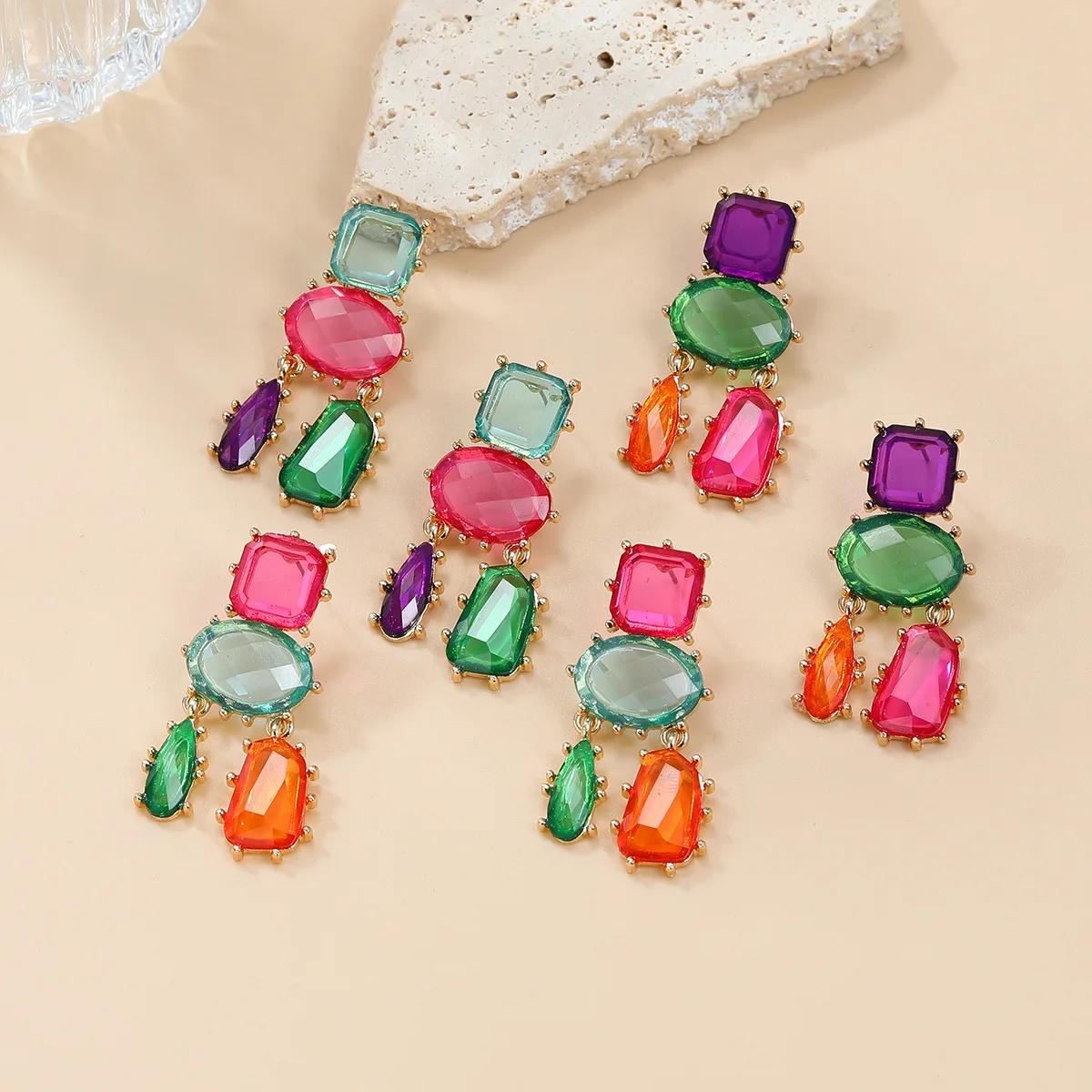 

AETEEY Trendy Colorful Diamond Geometric Patchwork Earrings Hyperbole Ethnic Multi-Layer Ear Jewelry Stylish Accessory