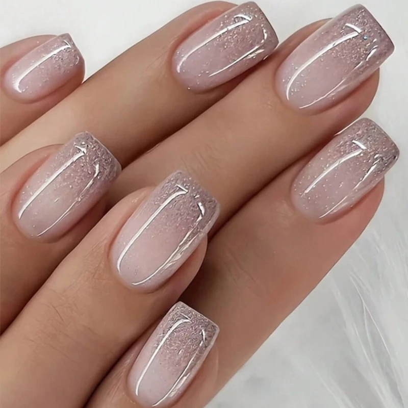 652C 24PCS Gradient Gray Cats Eye Press On Nail With Glittering Gradient Design And Jelly Gel For Easy Application