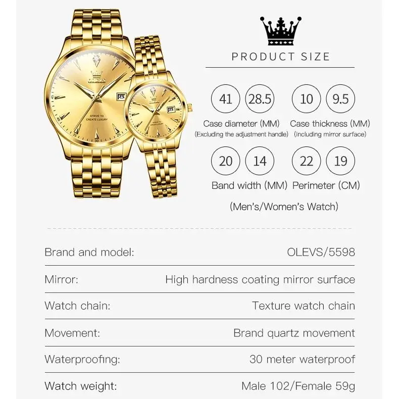 OLEVS 5598 Original Romantic Couple Quartz Watch Luxury Waterproof Stainless Steel Minimalist Fashion Business Men Women Watch