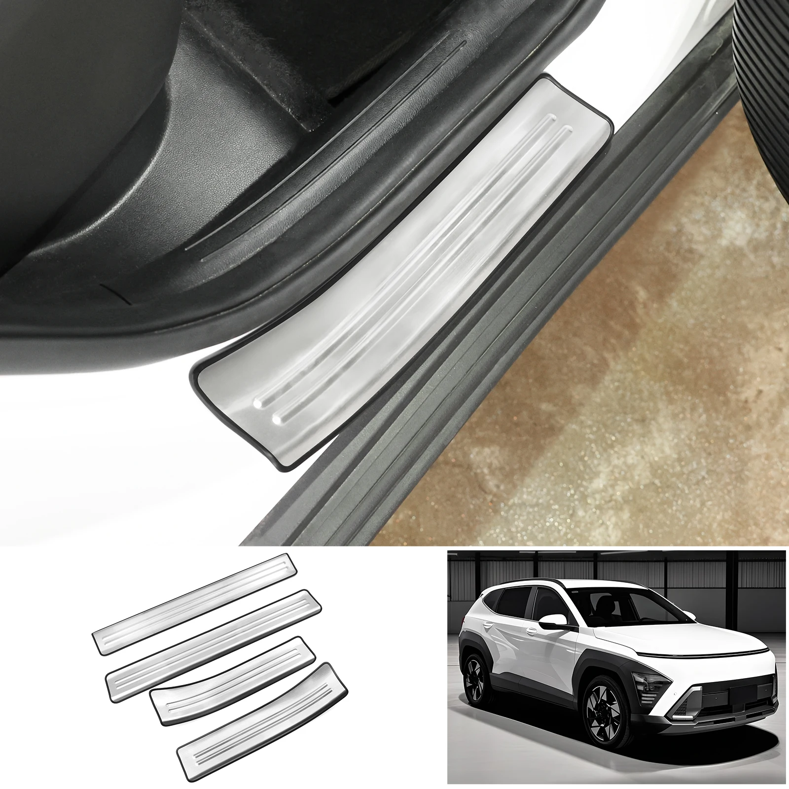 

Stainless Steel Door Outside Threshold Bar Protector Guards Four Doors Sill Welcome Pedal Cover For Hyundai Kona SX2 2024-2025