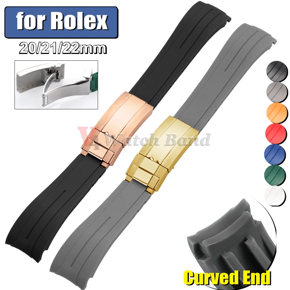 Curved End Rubber Watch Strap 20mm 21mm 22mm for Rolex for Water Ghost Waterproof Silicone Wrist Band Folding Buckle Bracelet