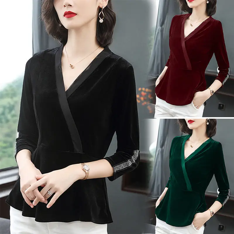 Korean Autumn Winter Gold Velvet Long Sleeve T-shirt Solid V-neck Fashion Slim Temperament Versatile Bottoming Long Sleeve Top