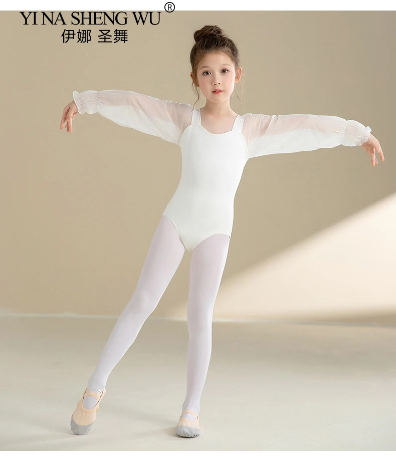 ربيع لطيف الطفل طفل الباليه طويلة الأكمام يوتار Dancewear شبكة كم الأبيض رياضة الرقص ارتداءها القمم الفتيات راقصة ازياء #5