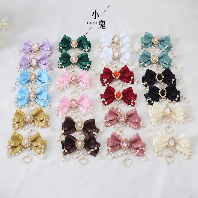 

Original Handmade Tea Party Gorgeous Hairpin Lolita Bow Beaded Chain Pair Clip Hairedge Clip for Women