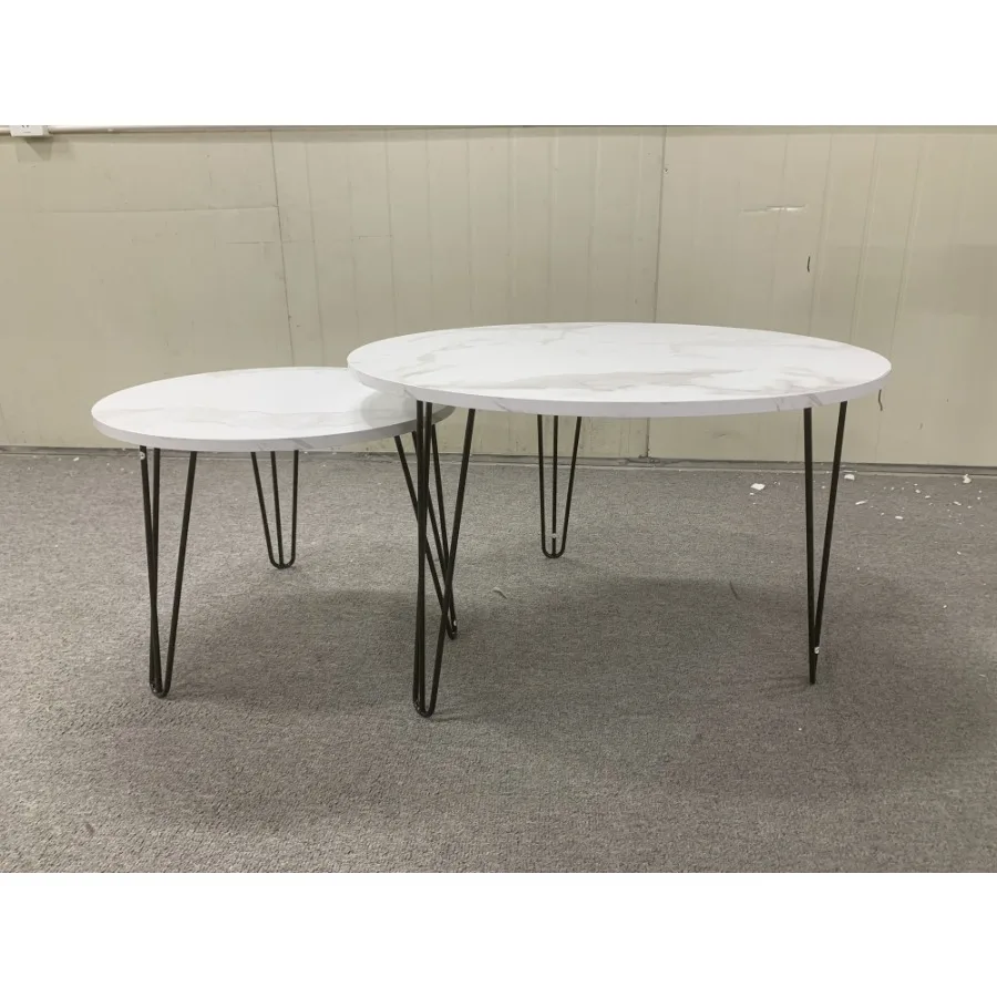 27.56'' Round Nesting Coffee Table Set of 2 Circular Nesting End Table Set Round Marble Tabletop and Sturdy Metal Base for Livi