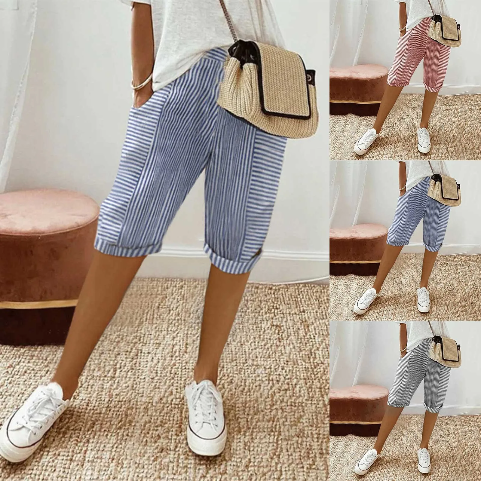 Summer Women\'s Shorts Fashion Versatile Comfortable Casual 2024 New Female Jacquard Stripe Panel Design Loose Trousers Pantalon