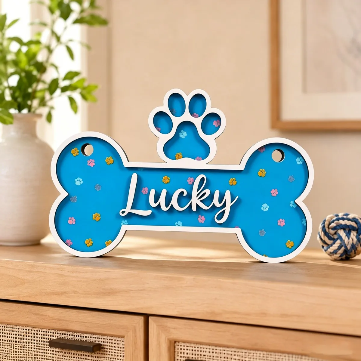 1Pc Personalized Dog Bone Wooden Name Sign Custom Pet Name Paw Print Wood Plaque Dog House Door Wall Decor Pet Lover Gift