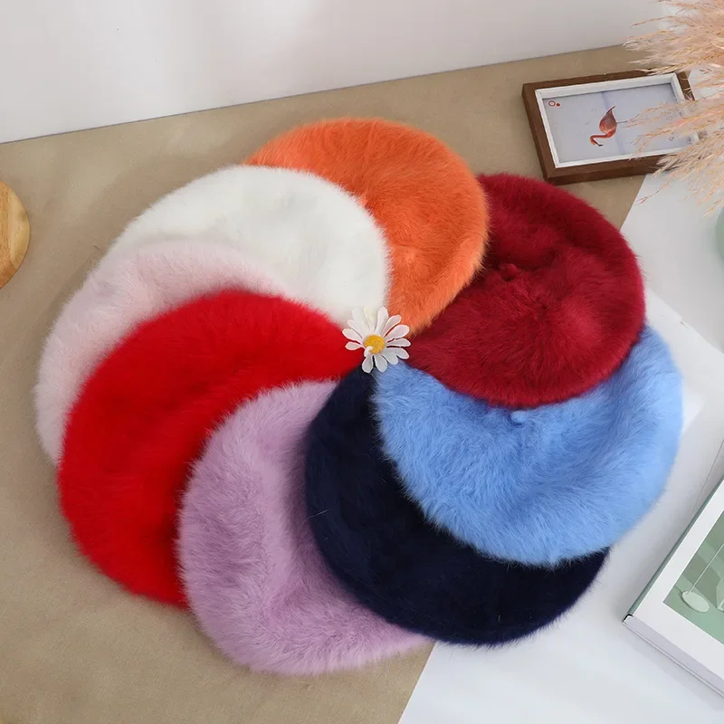 AutumnWinter New Fashionable Candy Color Warm Knitted Beret Hat Rabbit Fur Solid Color Versatile Winter Bud Hat Women Beret Hat