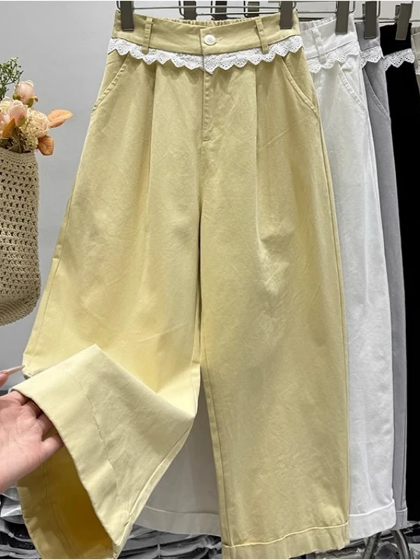 

Эластичные брюки с высокой талией и кружевной отделкой, широкие, прямые, повседневные, длинные, для женщин, весна-лето, свободные, стройнящие