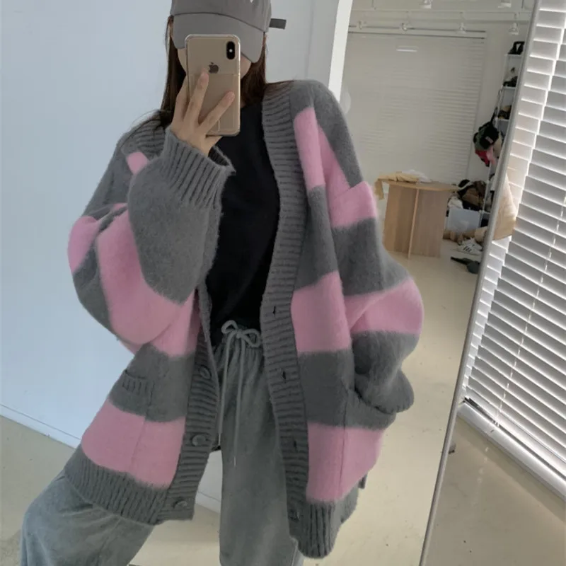 

Fall Winter Knitted Women's Long Cardigan Sweater Jacket with Belt V Neck Oversized Striped Outerwears Coat 2023