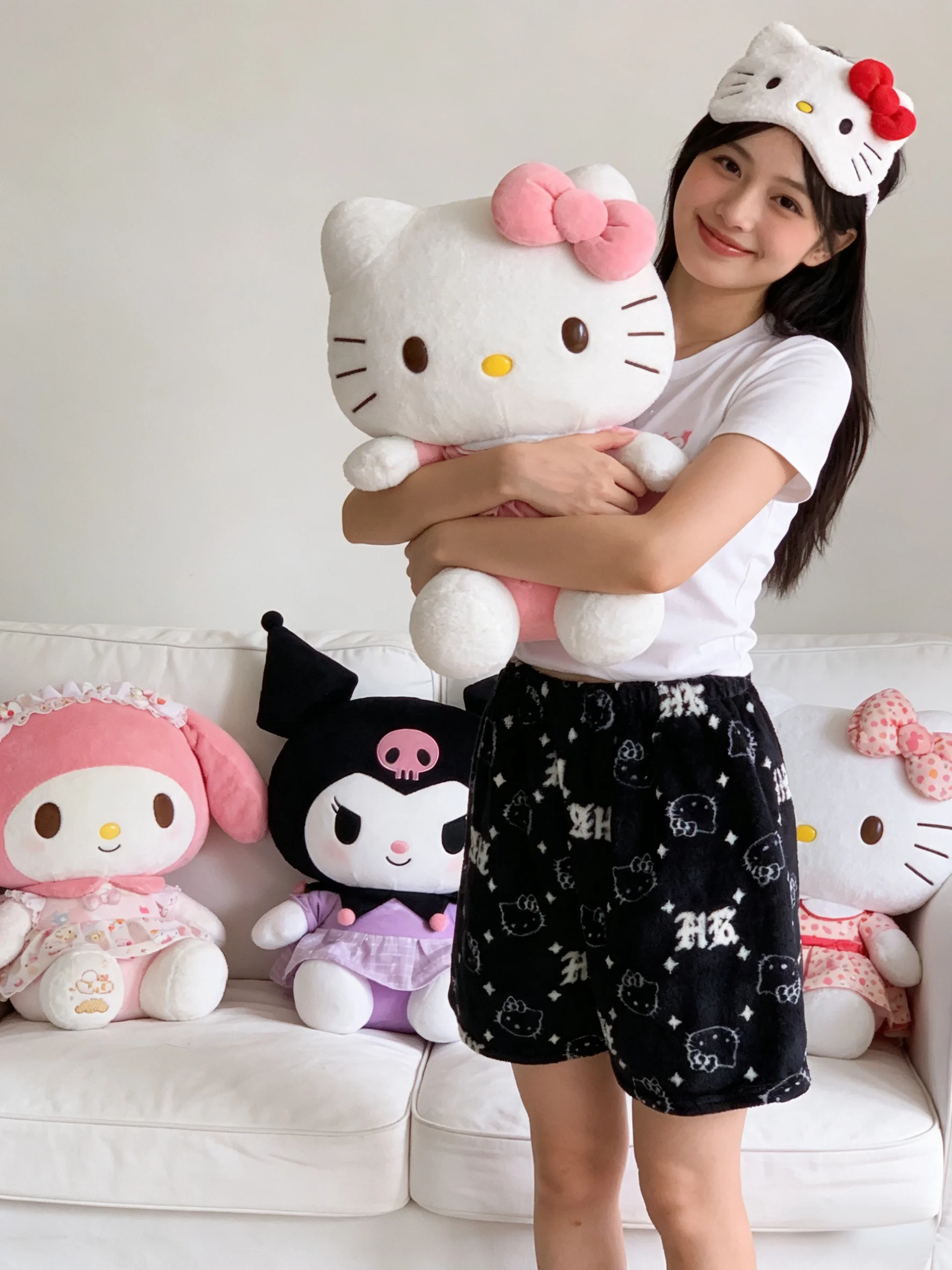 Hello Kitty Flannel Sleep Pants, Black Shorts for Strolling, Couple Pants, Y2K Festival Gifts, Vacation Outfits, Party Outfits