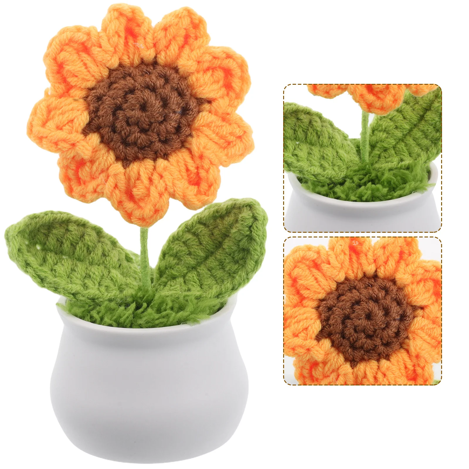 

Cute Knitted Crochet Sunflower Potted Flower Small Artificial Plant Desk Decor Office Car Dashboard Ornament Handmade Woolen