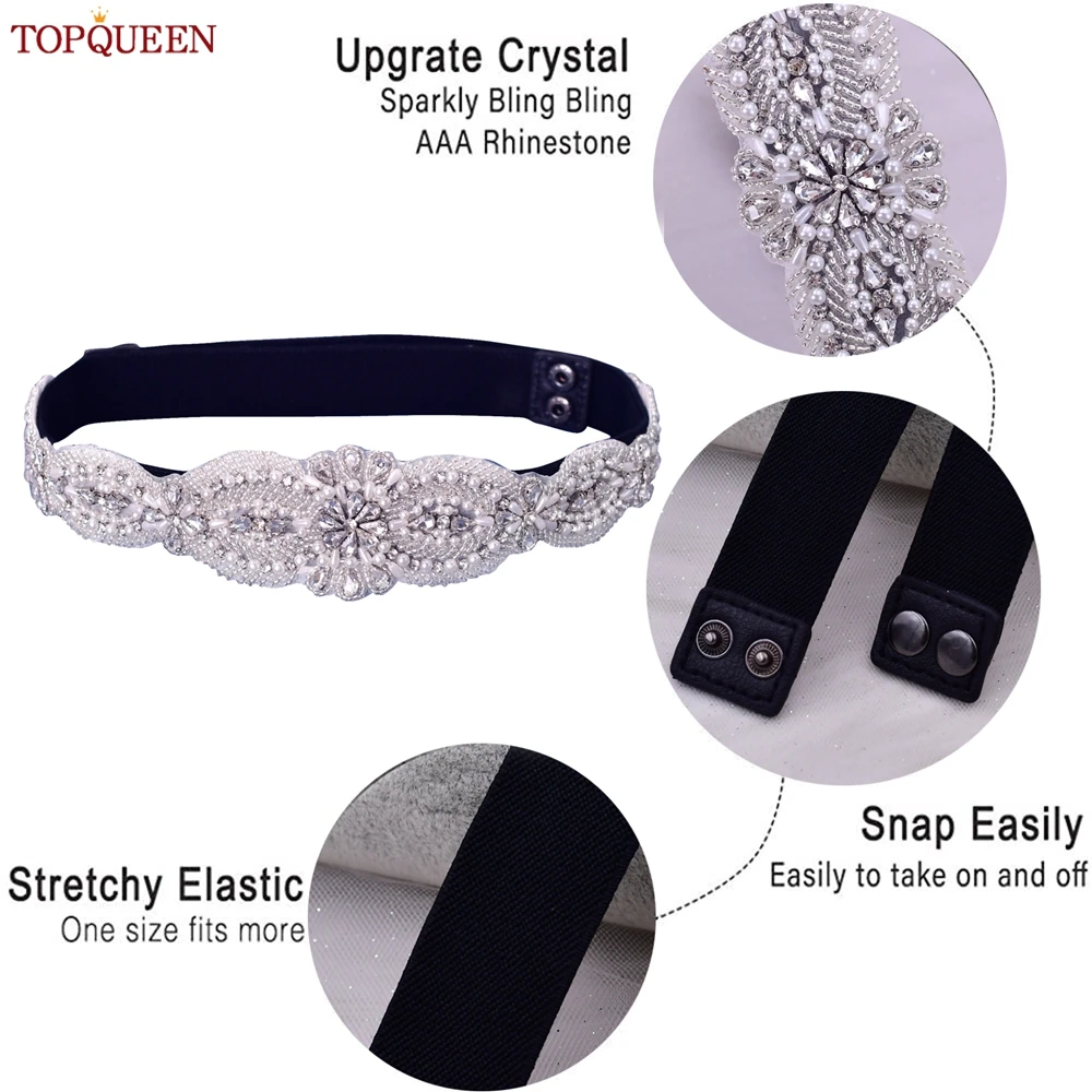 TOPQUEEN S490-B abito da cintura elastico nero da donna quotidiano lussuoso con strass elegante abito da sera per feste di moda unico Sash