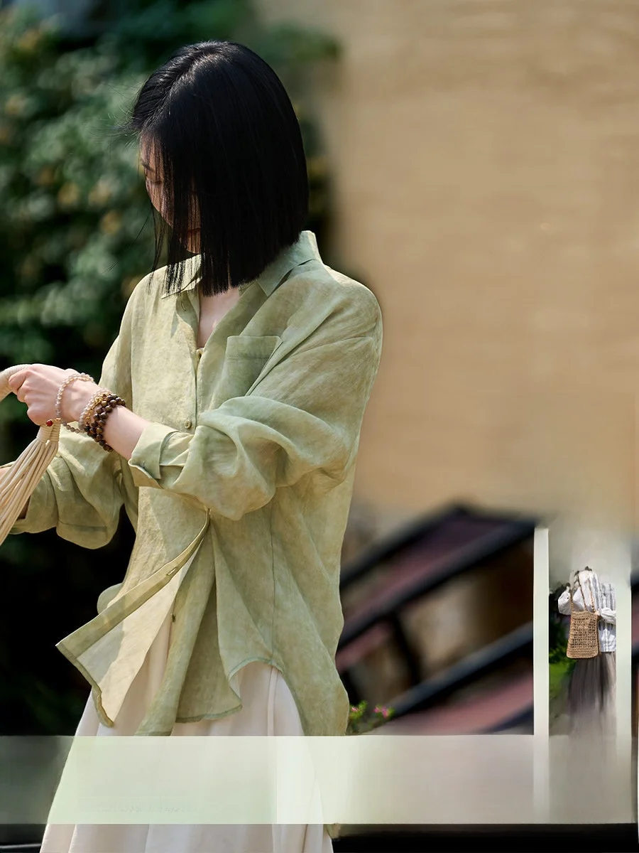 

Magic Asymmetrical Linen Shirt Women's Gradient Dyeing Turn-down Collar Design Breathable Lightweight Long Sleeve French Style