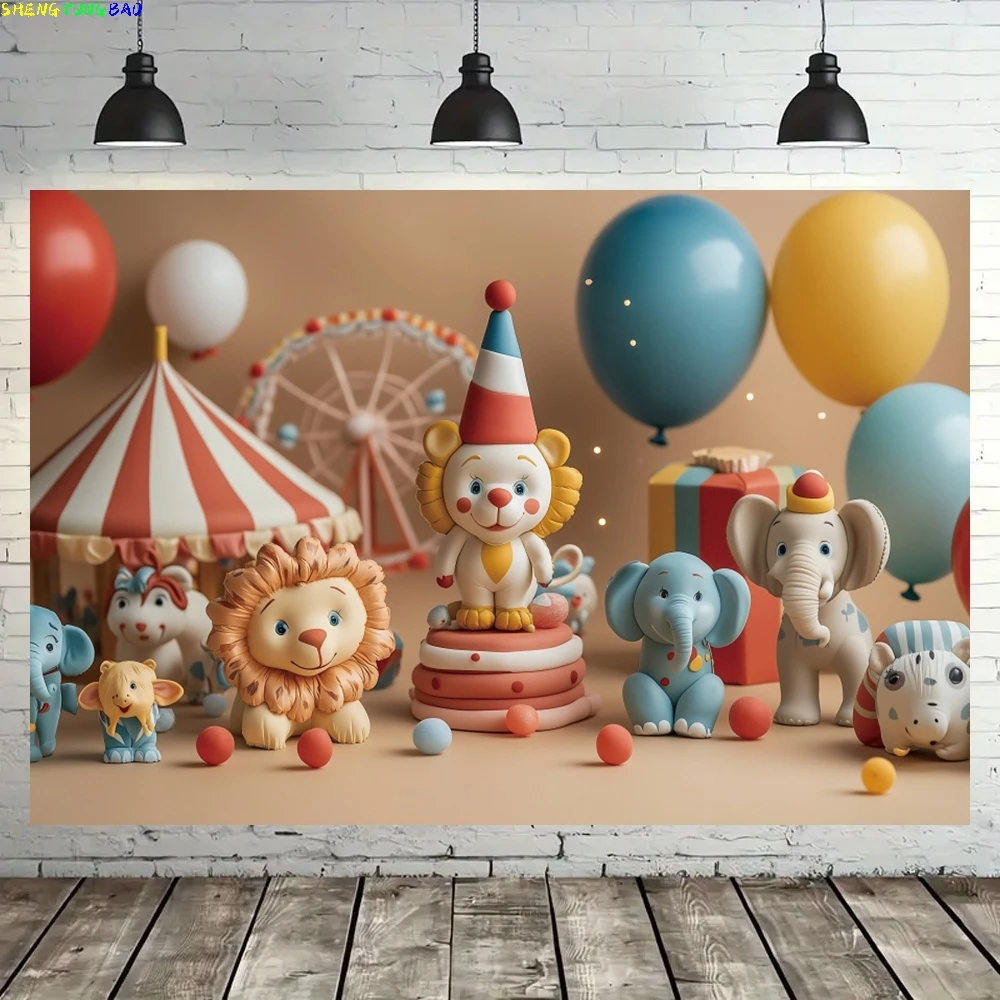 Circus Carnival Birthday Decoration Photography Backdrop Colorful Balloons Lion Tiger Elephant Clown Kids Portrait Background