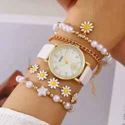 White Quartz Watch Dainty Bracelet For Women Leisure Casual Round Hollowed Pattern Bracelet Set