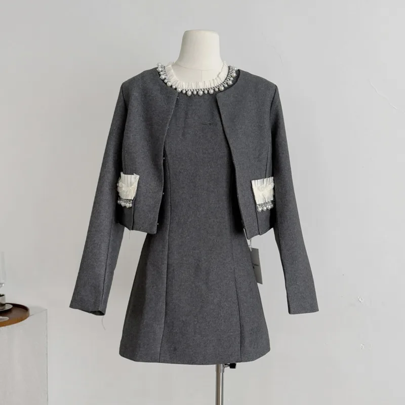 

High Quality French Luxury Beading 2 Piece Set Women Luxury Blazer Coats + Slim Dress Suits Lady Sweet Fashion Two Piece Outfit