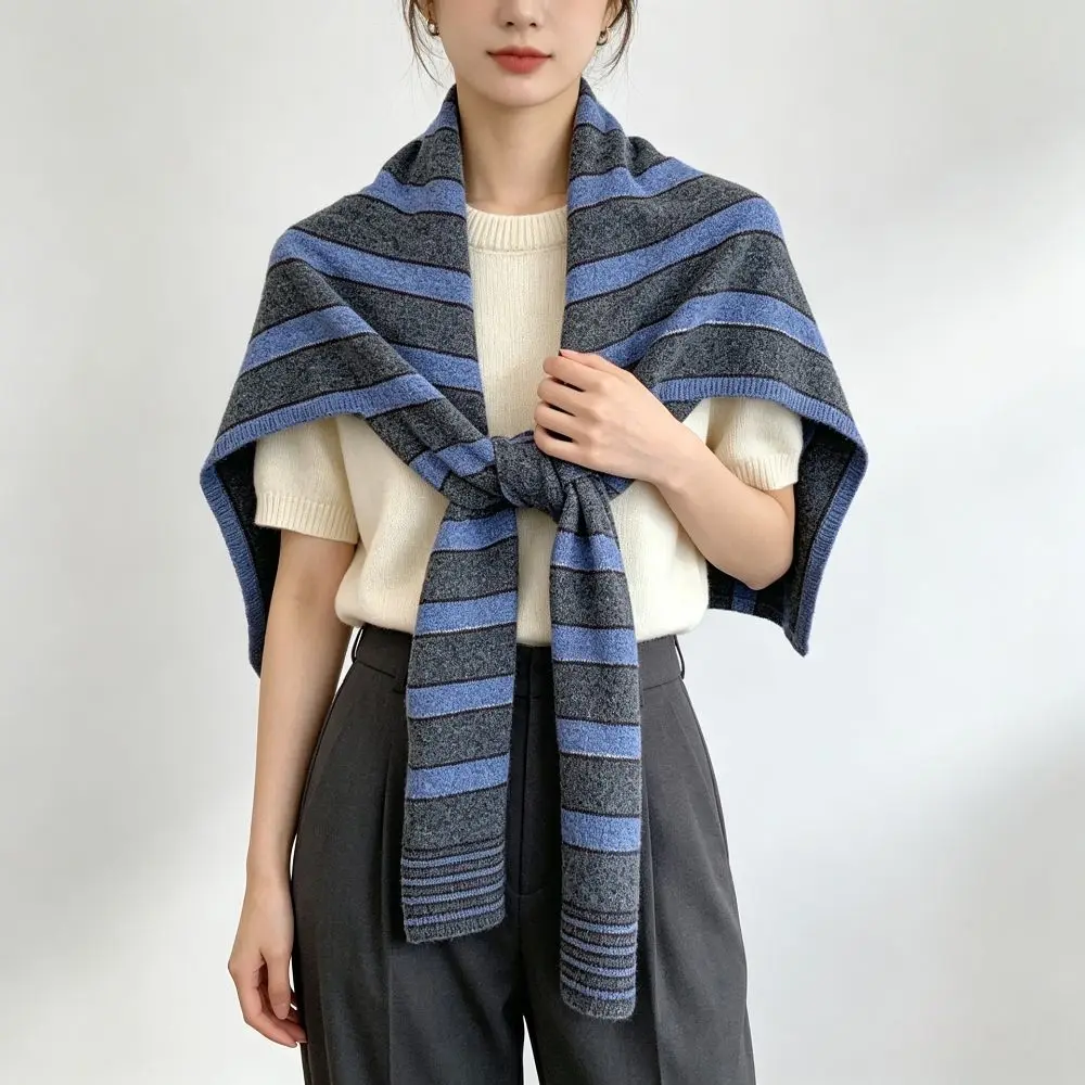 Elegant Cape T-Shaped Striped Shawl Cloak Retro Knitted Neck Wrap Warm Windproof Large Wraps Autumn and Winter