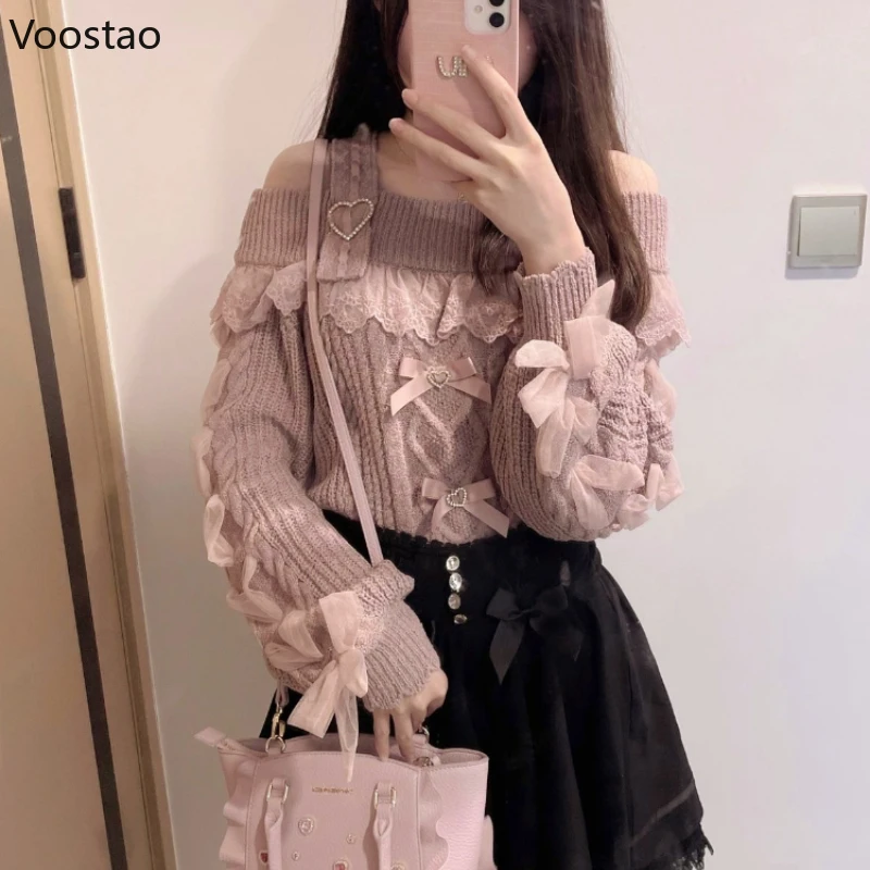 Japanese Cute Lolita Style Knitted Pullover Autumn Women Sweet Hearts Buckle Off Shoulder Lace Bow Sweater Girls Vintage Tops