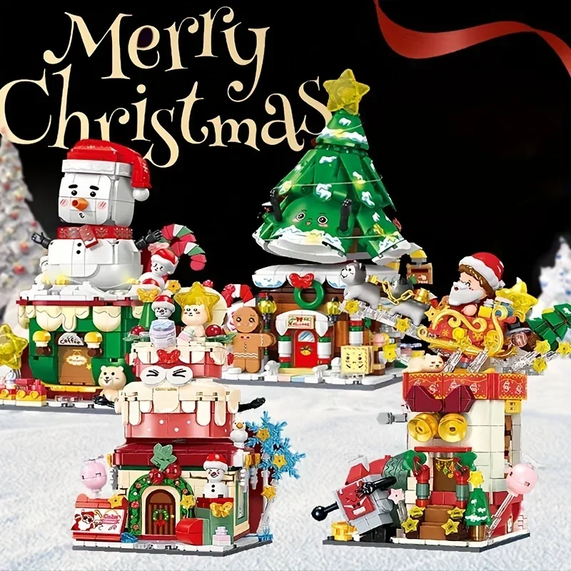 Christmas Swing Street View Series Building Blocks Snowman Sleigh Cupcake Assembly Model Bricks Children's Toys Holiday Gifts