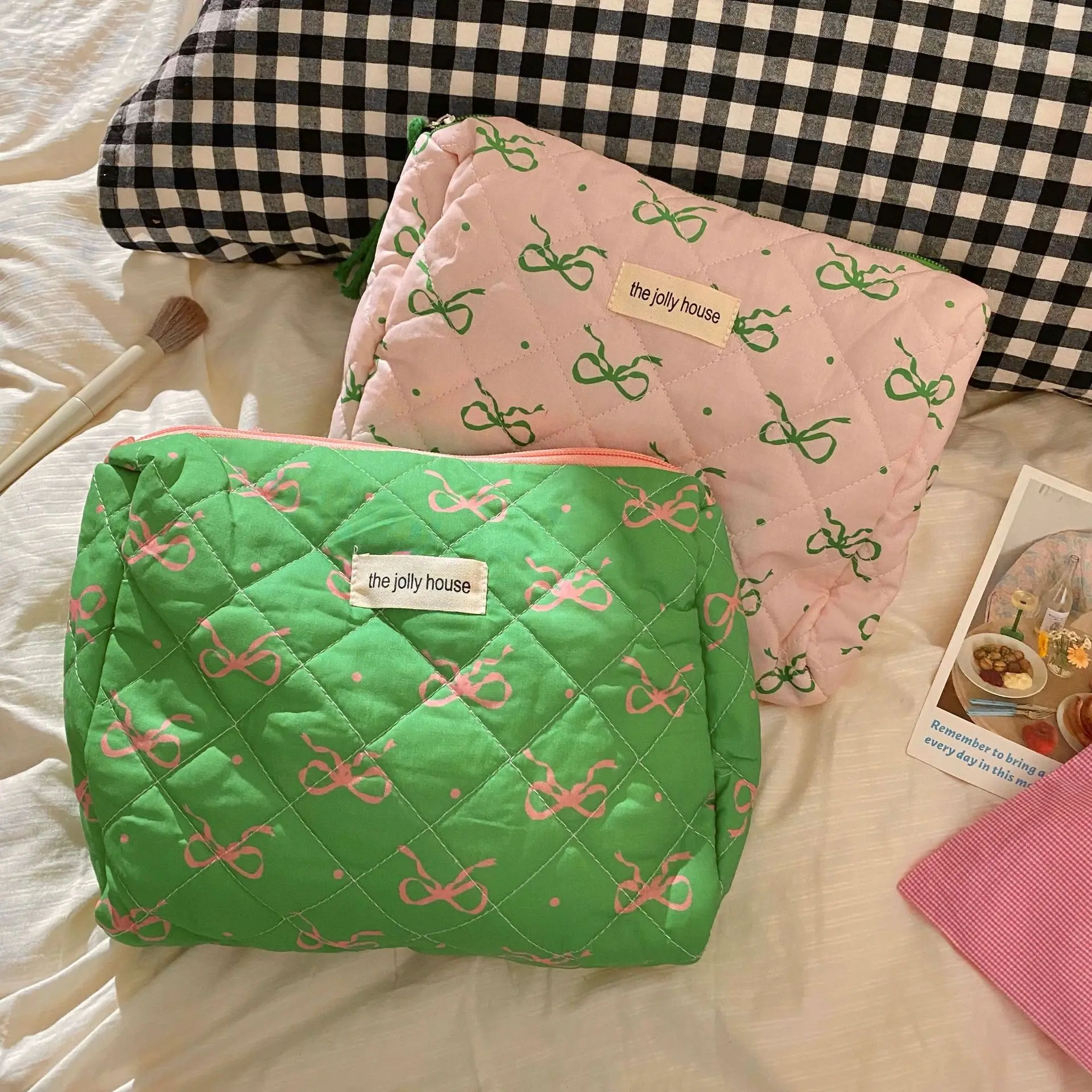 Green Pink Contrasting Bow Makeup Bag Large Capacity Portable Travel Toiletry Bag Storage Bag