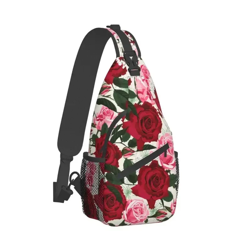 Mochila crossbody padrão floral para homens, Cool Shoulder Chest Bags, Sling rosa vermelho, apto para viagens, ciclismo