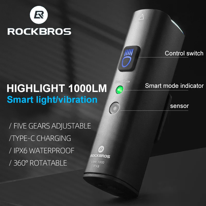 ROCKBROS Bike Light Bicycle Light Smart Vibration Sensing 1000Lumen 4000mAh 5 Modes Type-c LED Flashlight MTB Front Bike Lamp