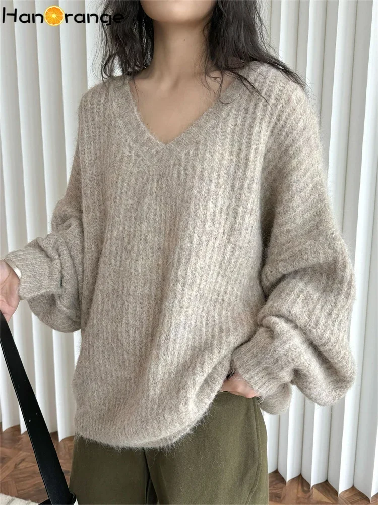 HanOrange 2024 Winter Lazy Gentle Wool V-neck Sweater Women Soft Fluffy Knitting Top Apricot/Dark Gray/Dark Coffee