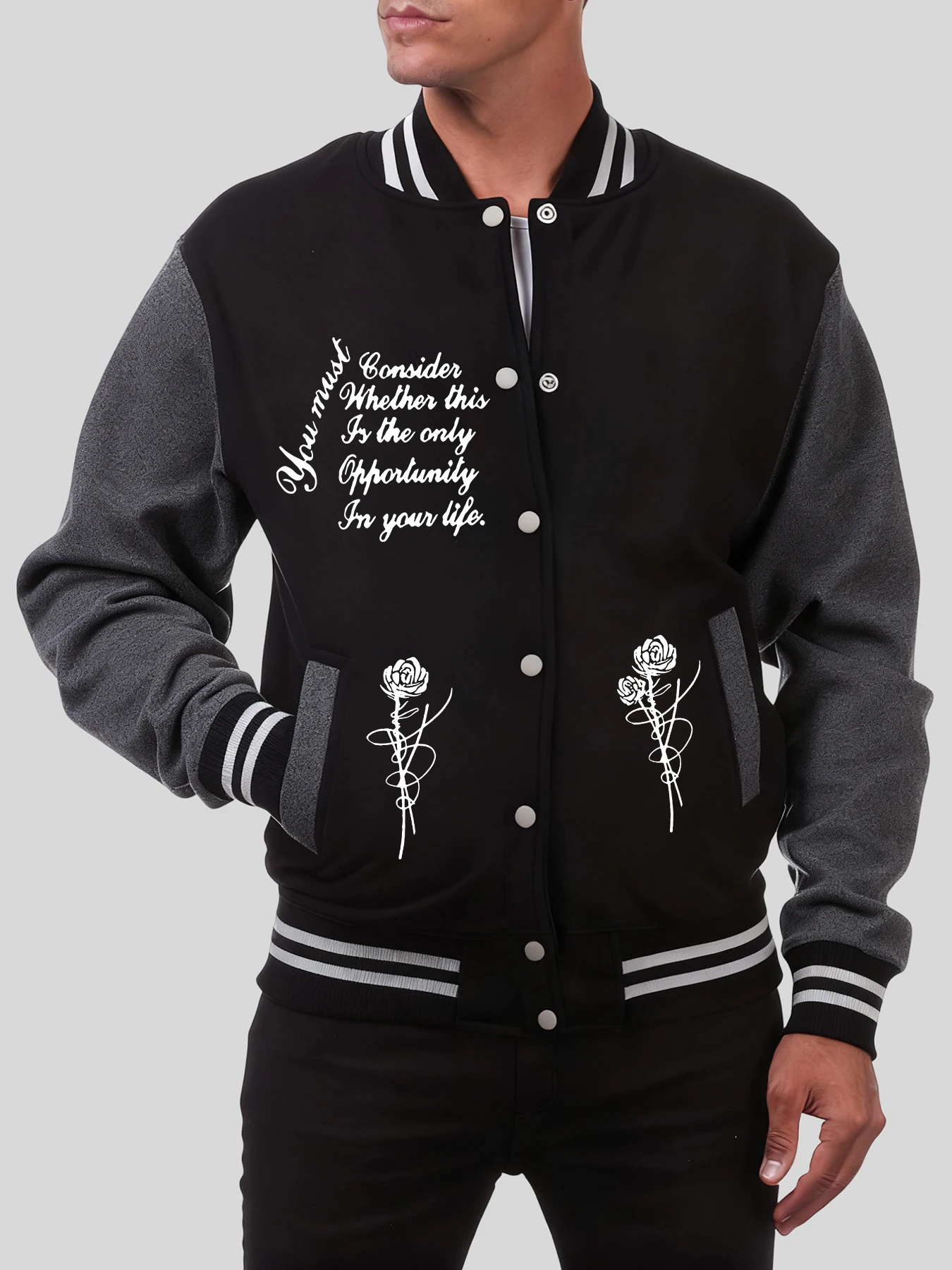 

Уличная одежда с принтом роз и художественных слов, мужская свободная бейсбольная форма в стиле хип-хоп, повседневная флисовая куртка, осенние топы