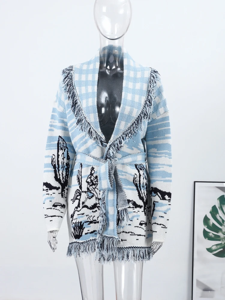 Jacquard Fringe Belted Wrap Knit Cardigan Lapel All Over Pattern Raw Fringe 2026 Autumn Winter Commute Lady Women Casual Coat 6 Jacquard Fringe Belted Wrap Knit Cardigan Lapel All Over Pattern Raw Fringe 2026 Autumn Winter Commute Lady Women Casual Coat 6