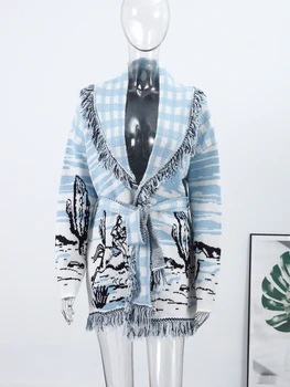 Jacquard Fringe Belted Wrap Knit Cardigan Lapel All Over Pattern Raw Fringe 2026 Autumn Winter Commute Lady Women Casual Coat 6 Jacquard Fringe Belted Wrap Knit Cardigan Lapel All Over Pattern Raw Fringe 2026 Autumn Winter Commute Lady Women Casual Coat 6