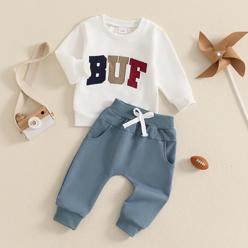 Infant Boy 2-Piece Autumn Ensemble with Long Sleeve Embroidered Pullover and Pocketed Pants - Stylish Toddler Attire