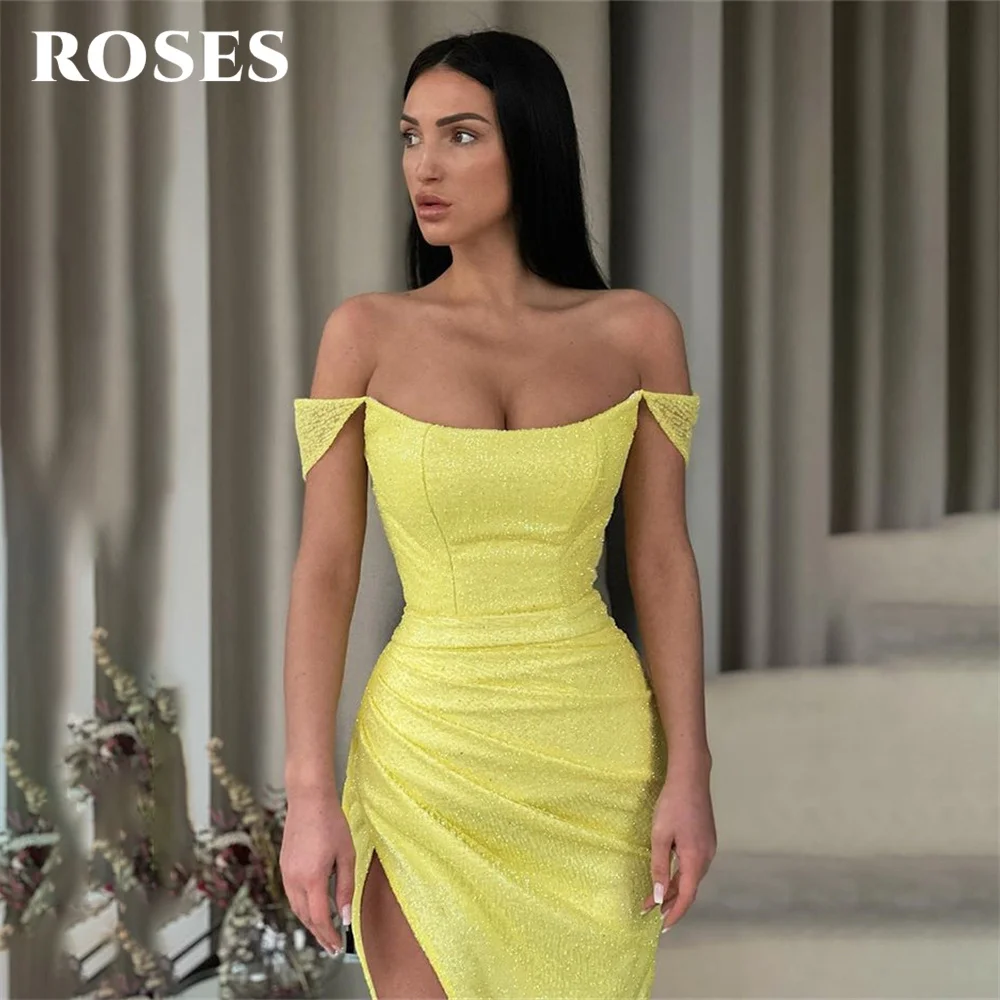 ROSES Yellow Side Split Chic Woman Evening Dress Gown Off the Shoulder Ball Gown Shiny Mermaid Night Dress Gown robes de soirée