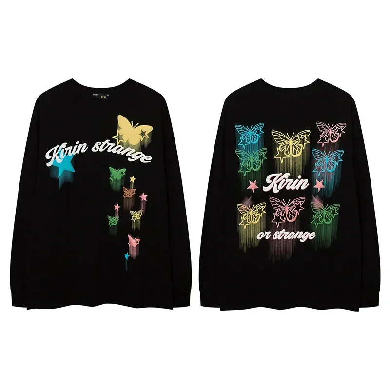 

Vintage Oversized T-shirts Man Y2k Streetwear Butterfly Printed Graphic Tees Fashion Casual O-neck Long Sleeve Tops Tees Male