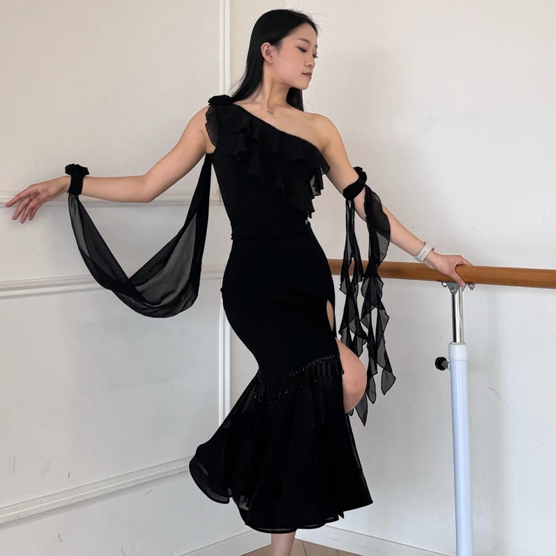 성인 볼룸 댄스 경연 대회 의상 여성 룸바 라틴 댄스 훈련 의류 리본 탑 모던 댄스 스커트 SL12646