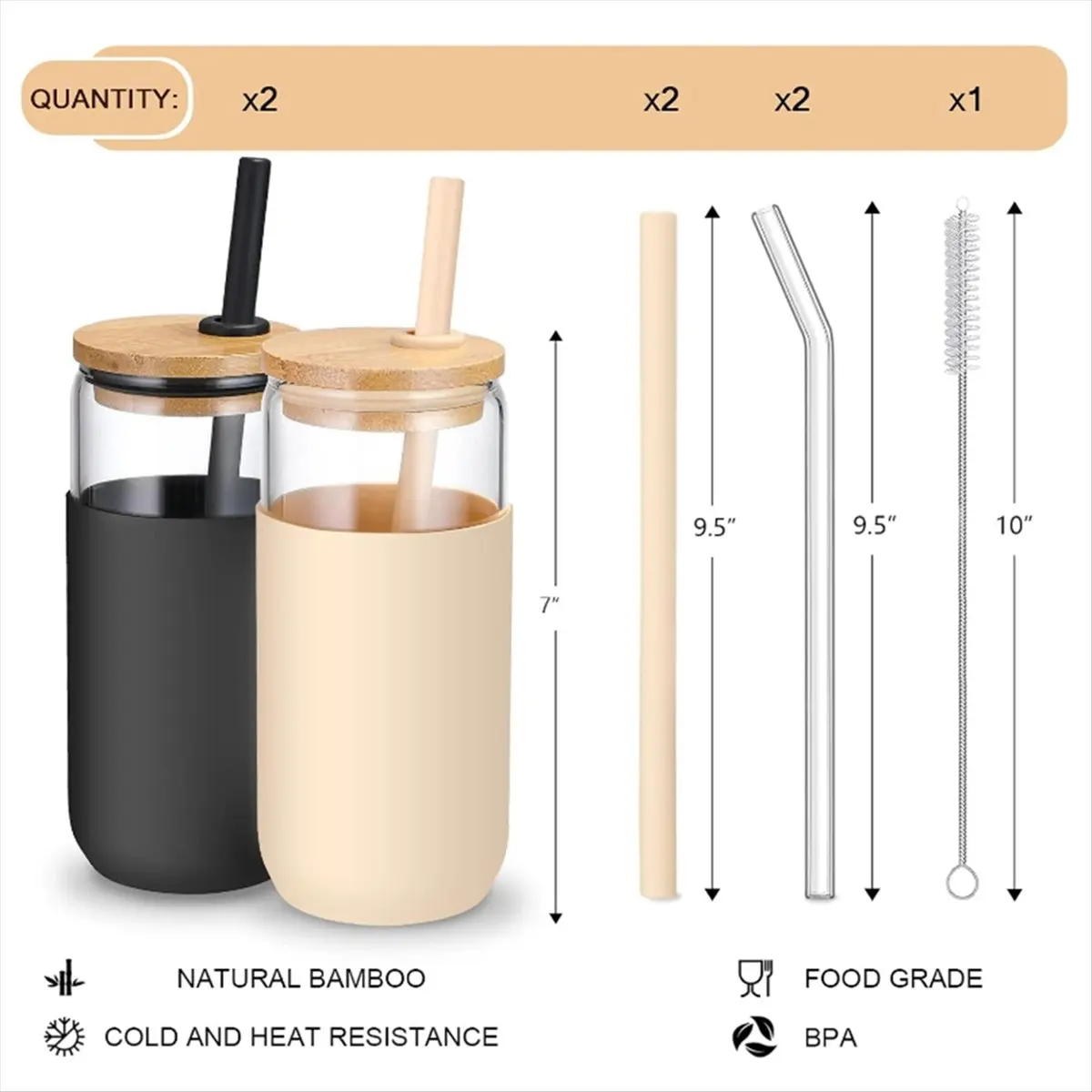2Colors 20 OZ Glass Cups with Bamboo Lids and Straws - Beer Can Drinking Glasses with Silicone Protective Sleeve Set-ABHG view 3