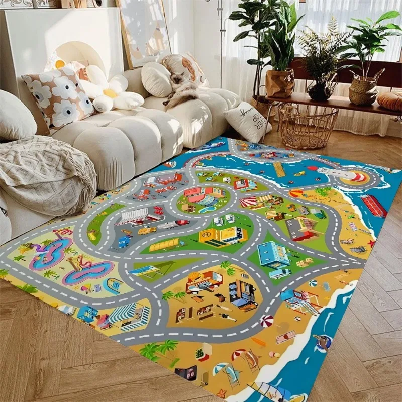 Car Play Mat Boy Girl Highway City Traffic-Themed Rug Kid Toy Car Kid Rug Playroom Non-Slip Kid Play Rug