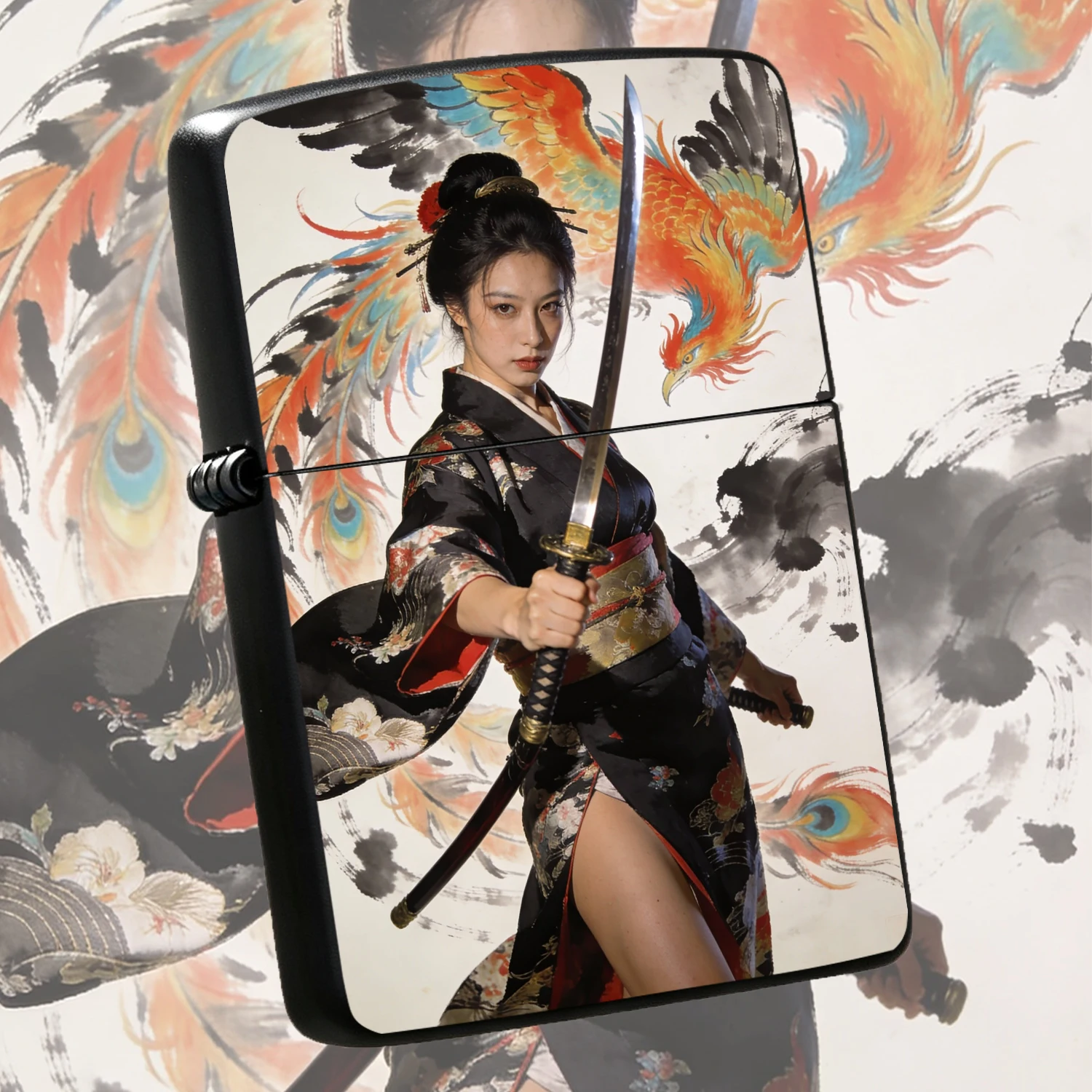 Japanese Style Samurai Female Lighter, Phoenix Ink Painting Pattern Creative Desktop Ornament, Portable Stylish Accessory For Daily Use, Outdoor Travel, Unique Decorative Gift For Festival Holiday A Humorous And Interesting Lighter