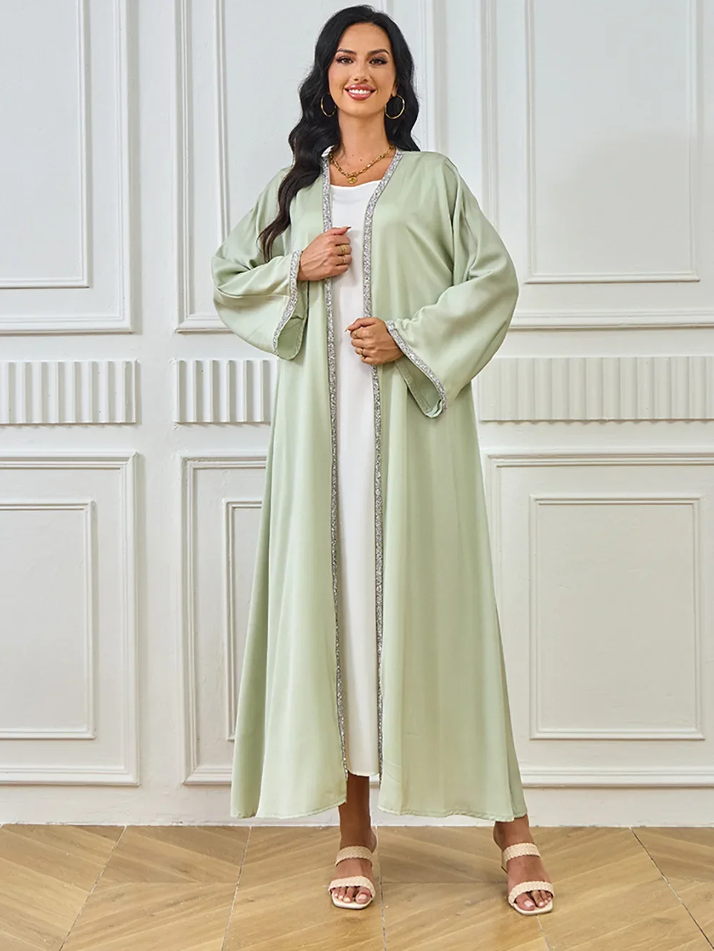 سترة عيد للنساء عباية ماسية من الساتان الإسلامي المغرب قفطان فساتين حفلات رمضان عبايات عربية طويلة رداء فستان مفتوح جلابية