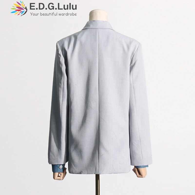 Edglulu feminino turn-down colarinho manga longa blazer nova moda design solto retalhos terno escritório senhoras casaco feminino jacket1212