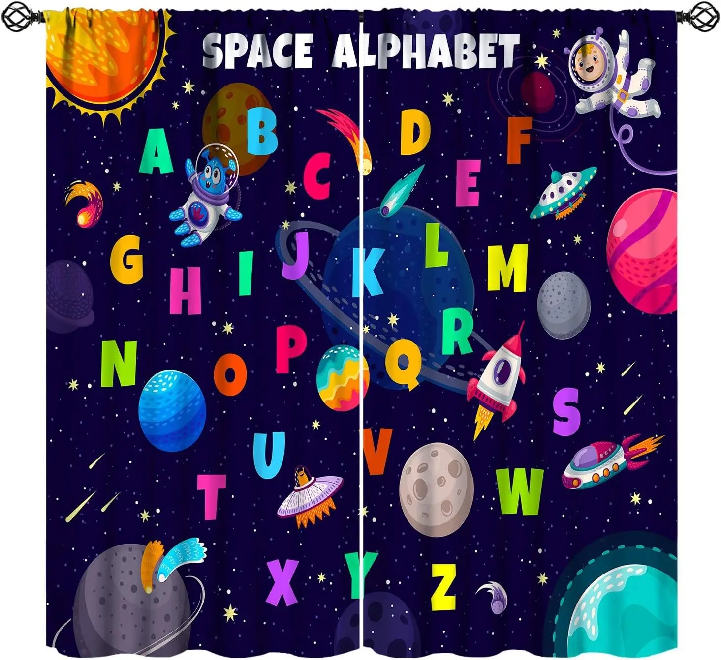 Kids Letter Pattern Blackout Curtains A to Z Letter Printed Space Theme Cute Funny Window Treatments for Boys Girls Baby Bedroom