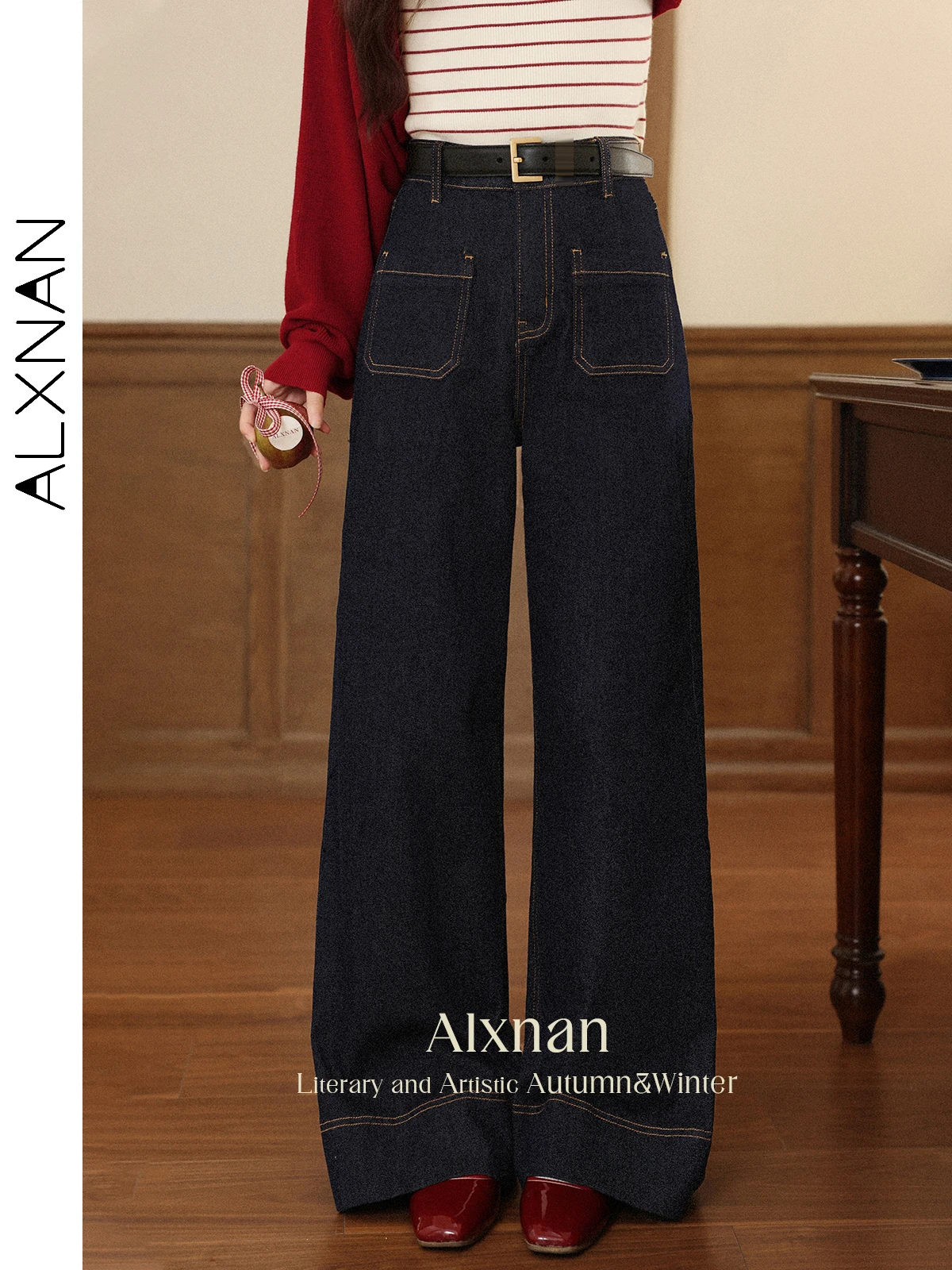 

ALXNAN Women's Jeans Dark Blue Vintage High-waist Wide-leg Straight Denim Jeans Autumn New Cotton Casual Long Baggy Pants L56716